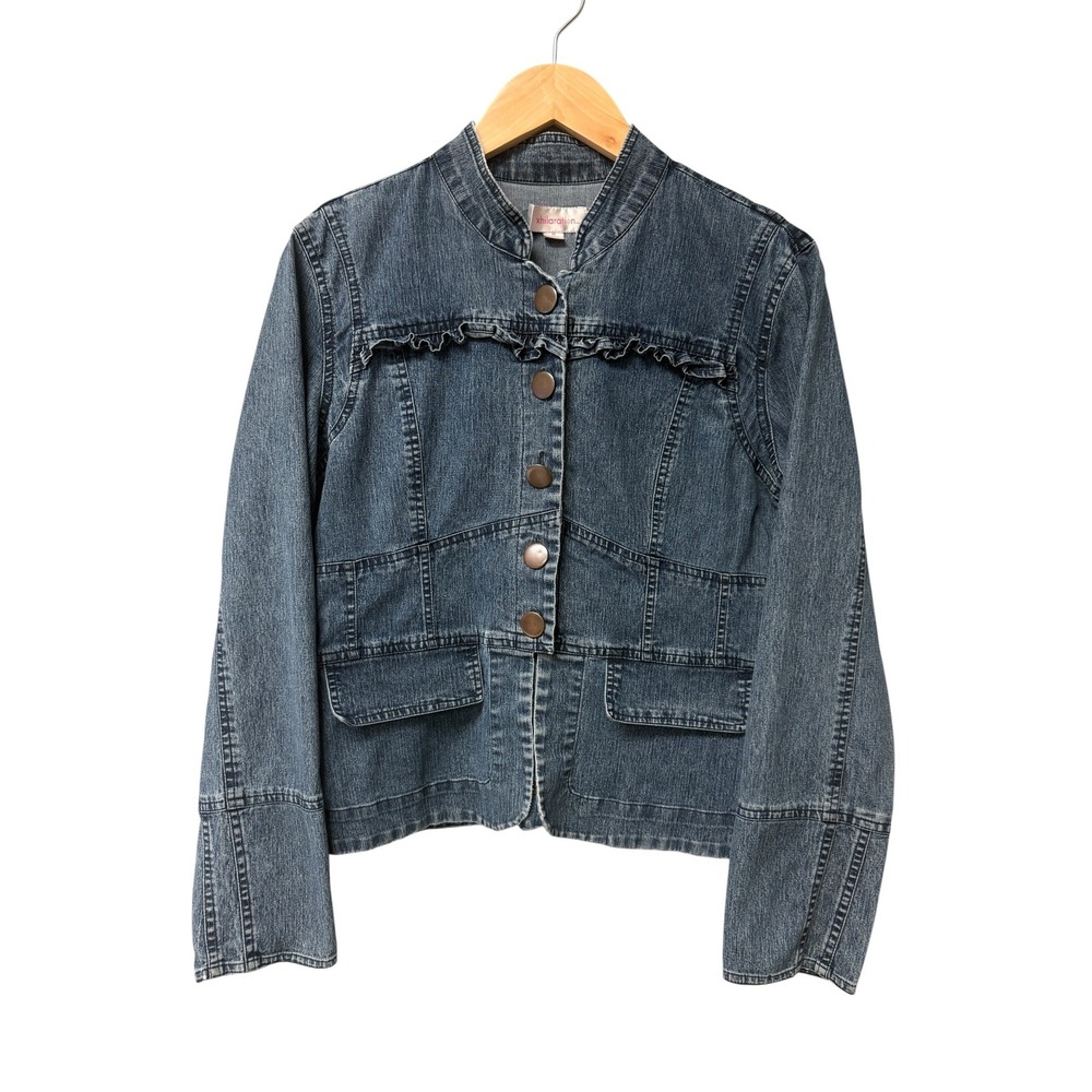 Xhilaration Denim Jacket Womens M Blue Ruffle Trim Mandarin Collar Vintage Y2K